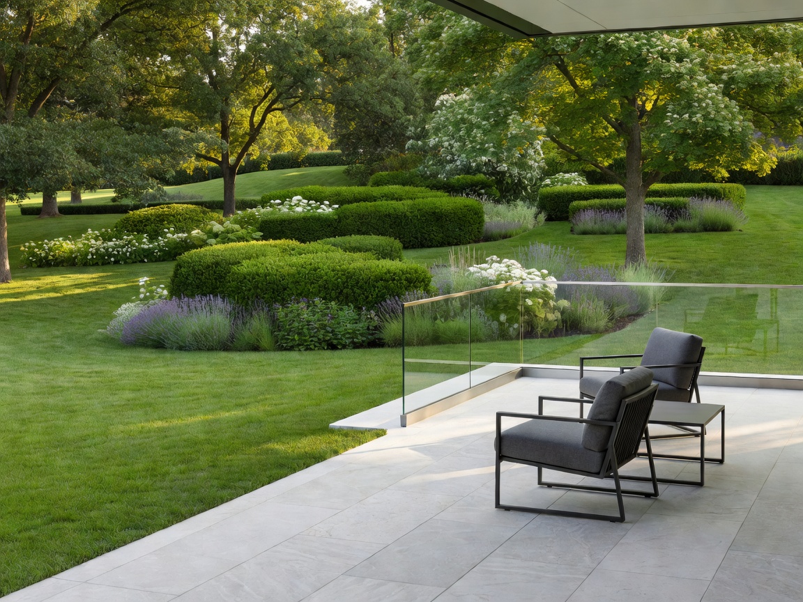 Architectural terrace opening onto landscaped grounds
