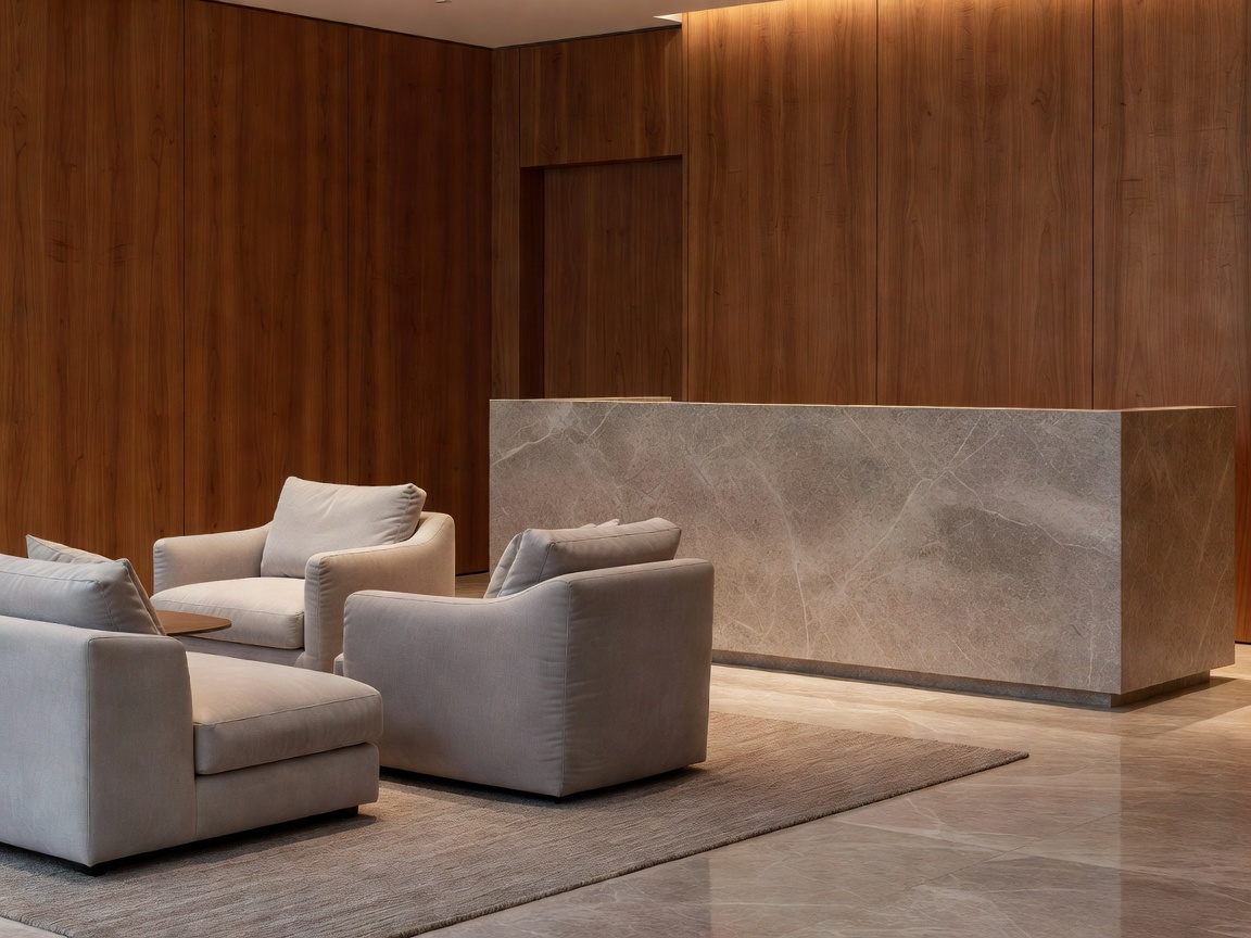 Calm reception interior with warm wood, stone surfaces and inviting seating