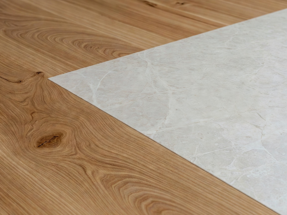 Close view of calm natural interior materials, timber grain and pale stone