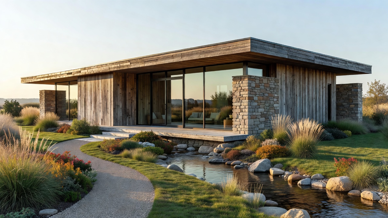 Contemporary architecture with a low roofline, natural materials and a strong relationship to its landscaped setting
