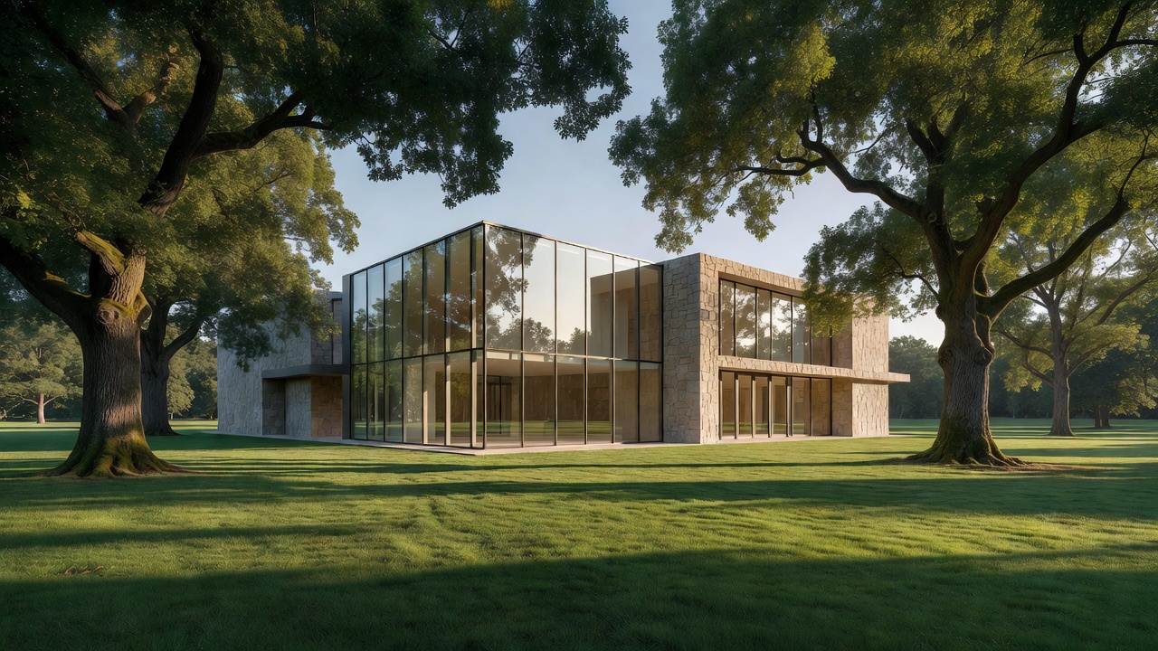 Contemporary stone-and-glass building framed by mature trees and a wide green landscape