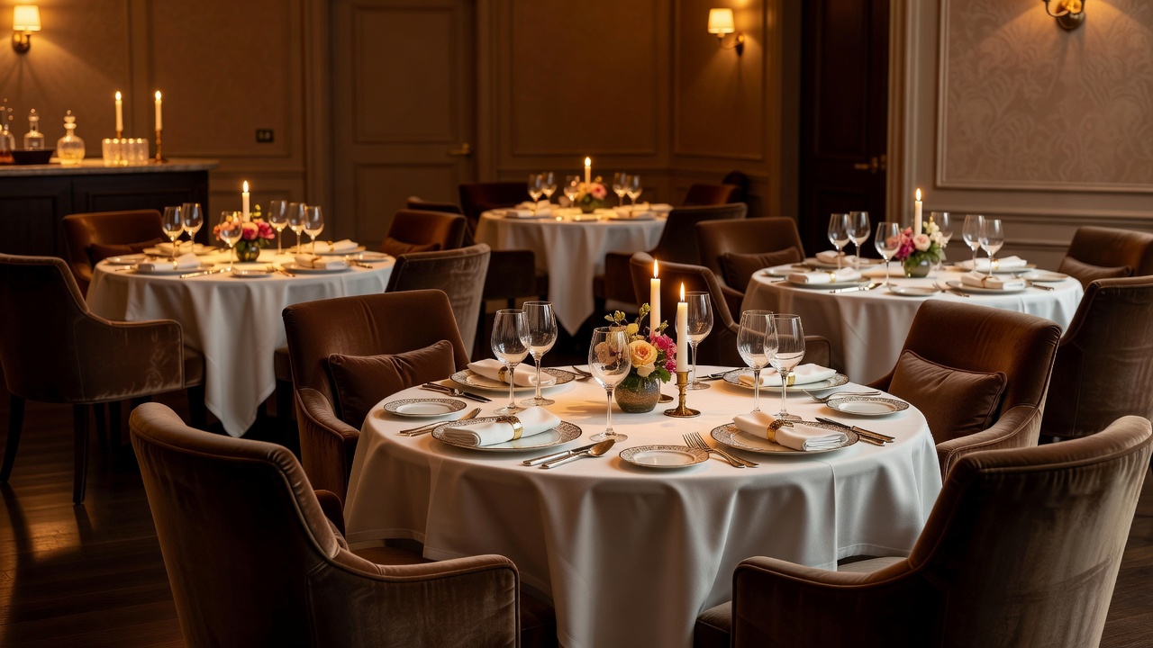 Elegant dining room with warmly lit tables, comfortable seating and considered hospitality details