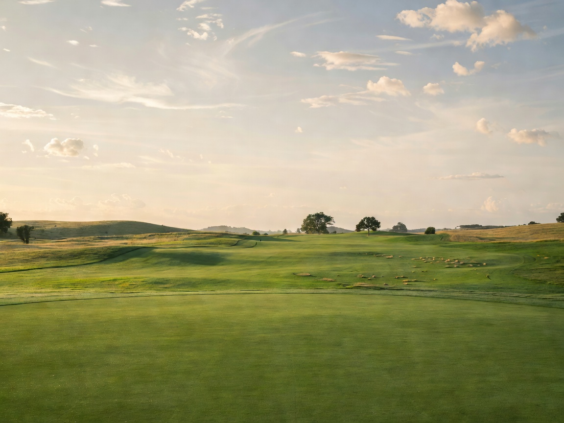Golf course practice green and fairway beneath a soft open sky