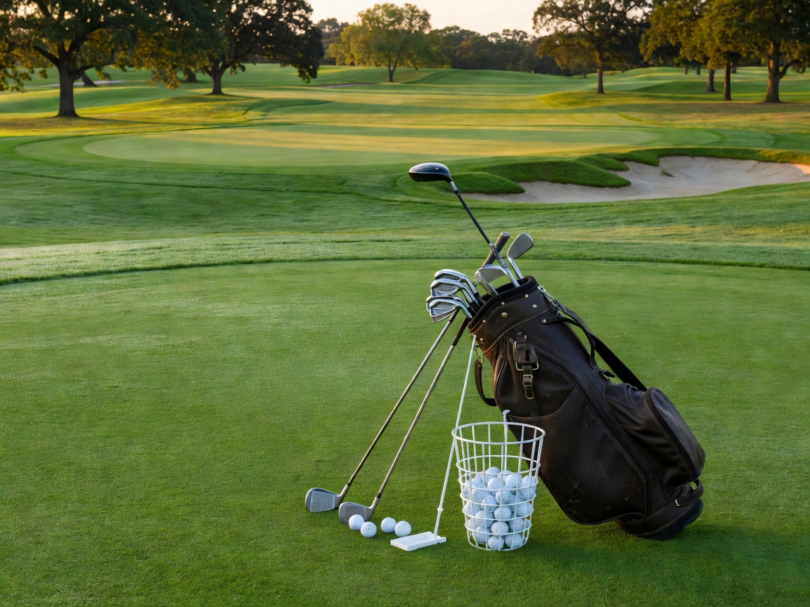 Golf equipment arranged for practice on a neatly maintained course