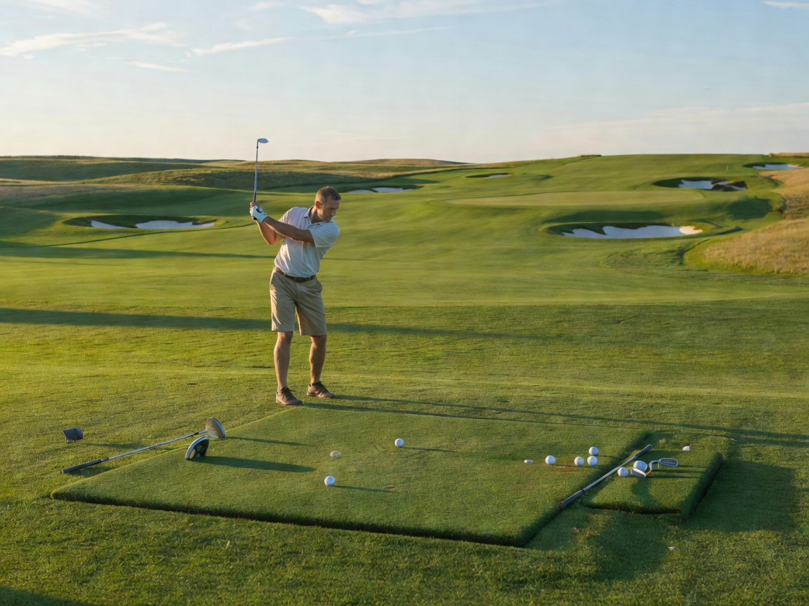 Golf practice area set against a broad green course landscape