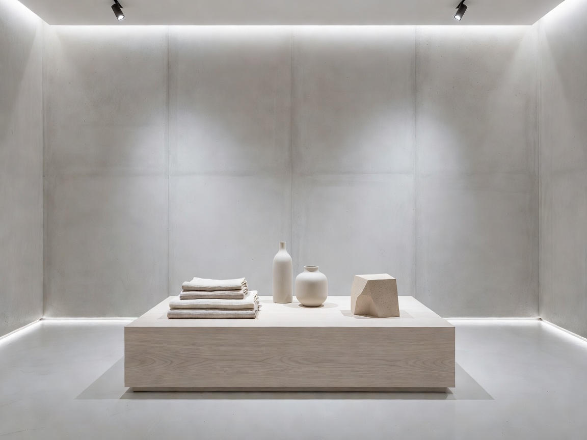 Minimalist retail display with considered lighting and neutral materials