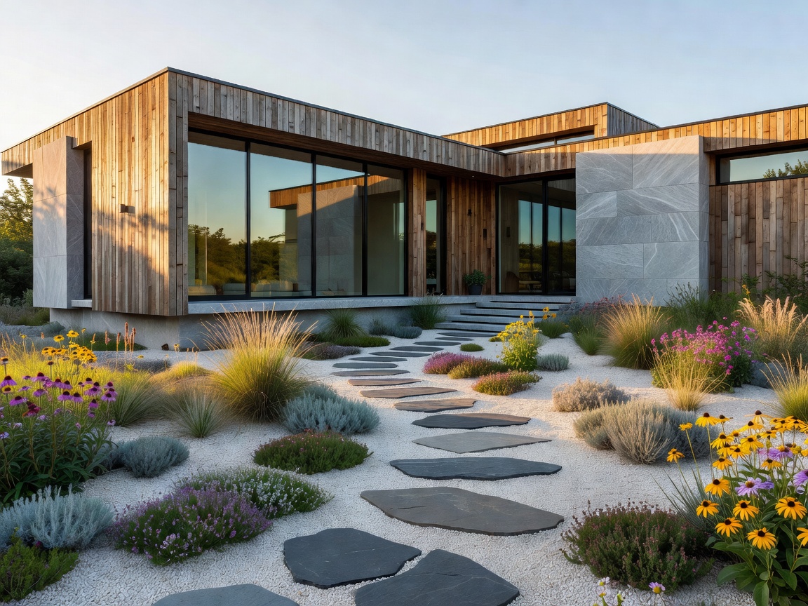 Modern architectural residence with natural materials, broad glazing and a landscaped approach