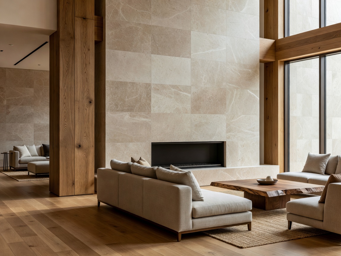Natural stone and warm wood details in a contemporary clubhouse-inspired interior