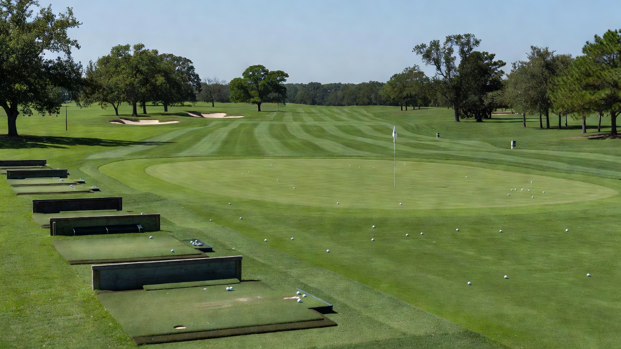 Open golf practice grounds with fairway, green and outdoor training space