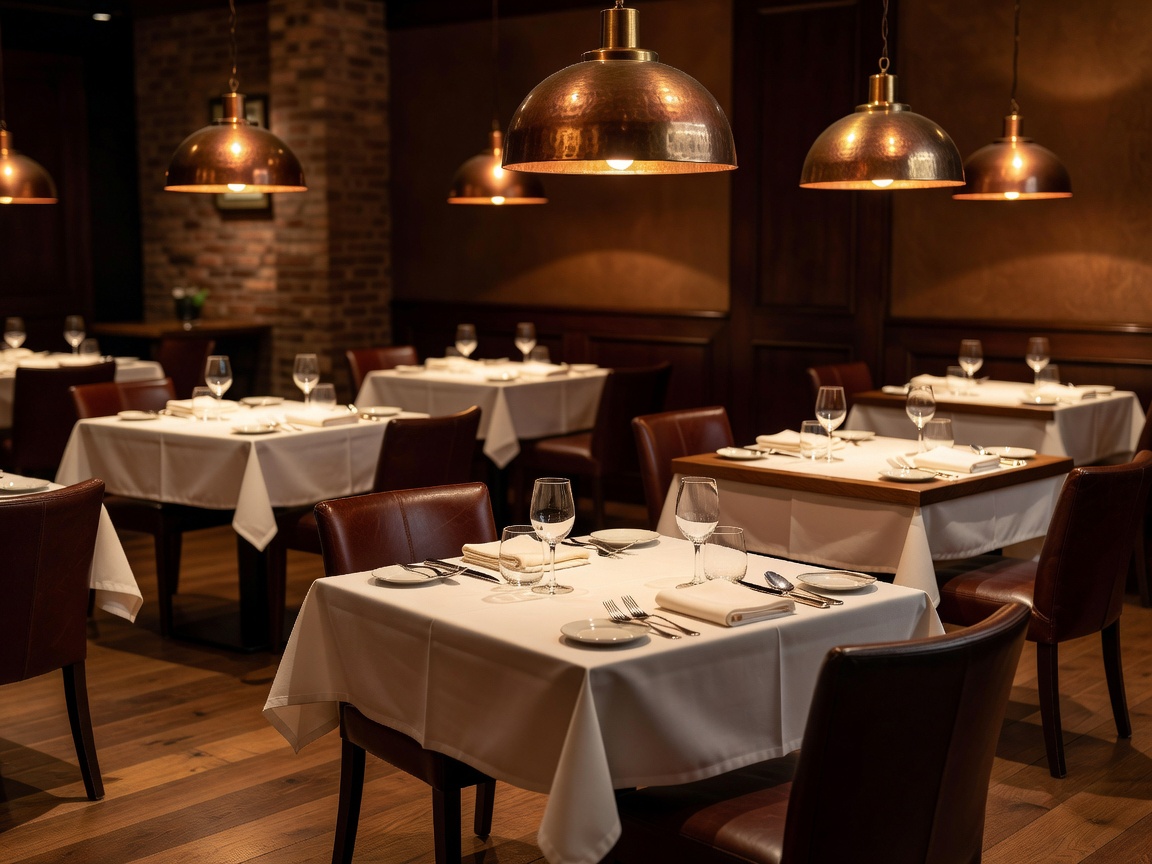 Restaurant interior with warm pendant lighting and inviting table arrangements