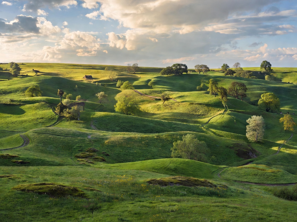 Rolling green countryside with a broad horizon and changing natural light