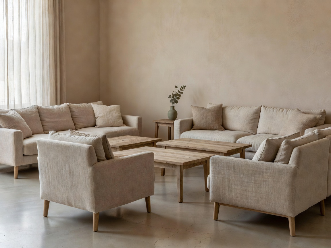 Contemporary hospitality lounge with low chairs and soft, natural colors