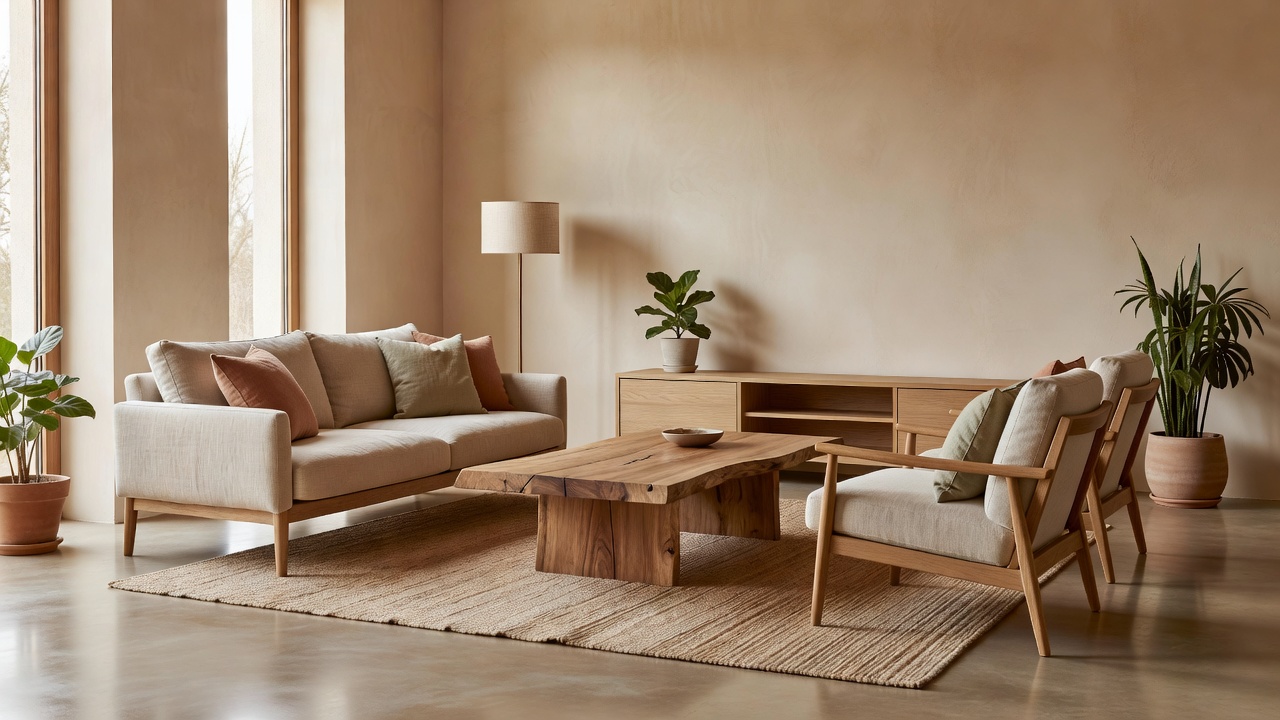 Warm contemporary lounge interior with considered furniture, natural materials and soft daylight