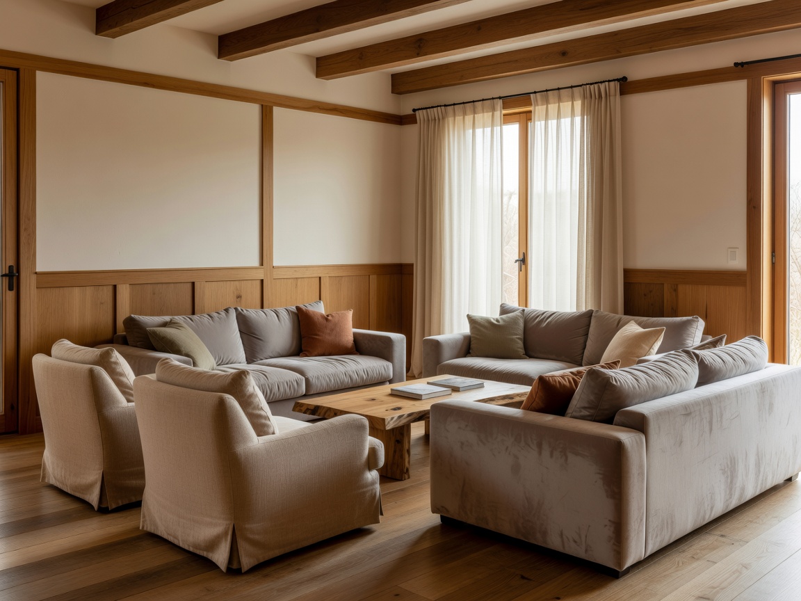 Warm modern lounge with comfortable seating, timber details and soft natural light