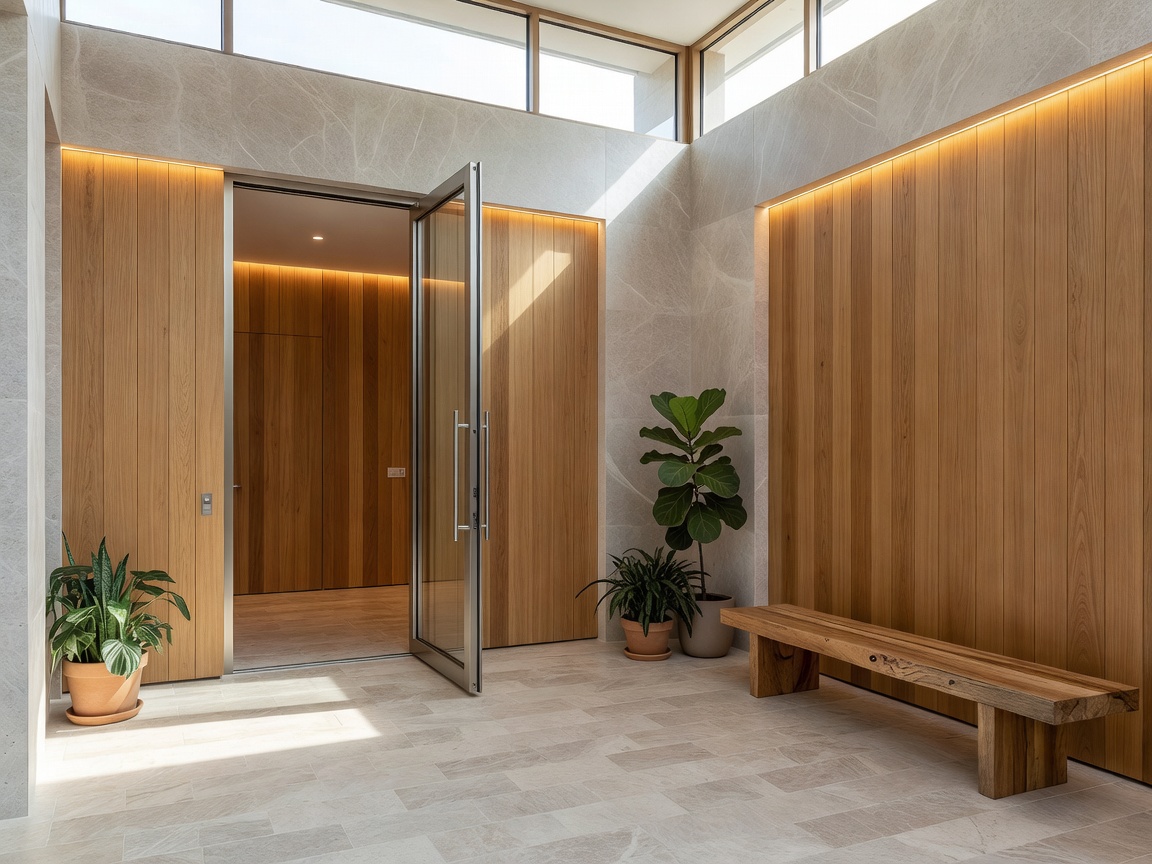 Welcoming modern entrance with natural finishes and carefully balanced daylight