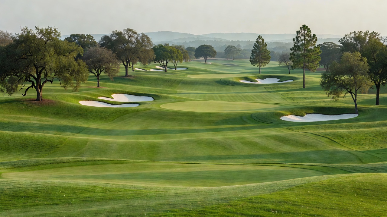 Wide rolling landscape under soft daylight, suggesting the open character of a golf destination